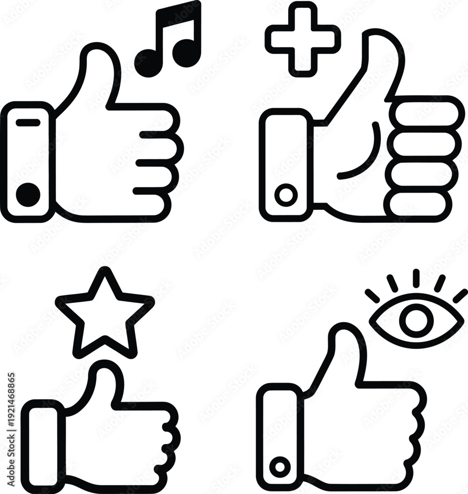 Obraz premium Social media engagement icon set. Thumbs up hand gestures with like, star, music, and view symbols. Clean, minimalist black and white line art perfect for music, favorites, views, and adding content.
