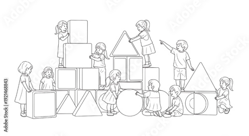 Children playing with large geometric building blocks, stacking cubes, triangles and circles into castle shapes, teamwork and learning concept, black and white line art illustration