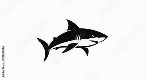 Shark silhouette logo icon in black and white, aggressive marine predator fish with sharp fin shape, minimalist vector style for branding, emblem, tattoo, and sports