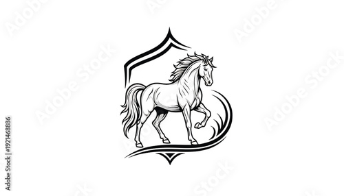 Horse running with flowing mane and tail, black and white vector illustration with dynamic swirls featuring abstract, animal, equine with stallion and mare elements for galloping, motion projects,