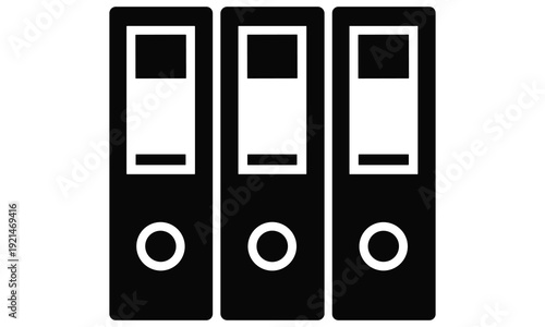 Vector graphic illustration of three black ring binders with labels on white background symbolizing organization and office supplies.