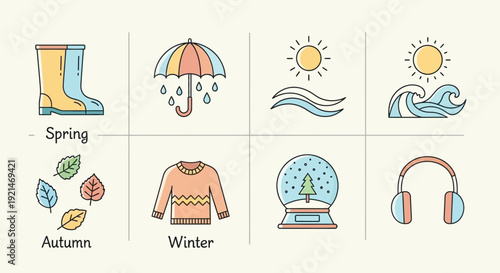 A collection of eight colorful line art icons representing the four seasons, including spring rain, autumn leaves, winter snow, and summer waves.