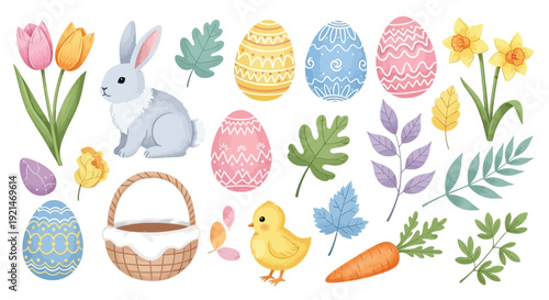 Watercolor Easter elements set with bunny, decorated eggs, flowers, chick, basket, and spring foliage on a white background.