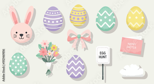 A collection of cute pastel Easter decorations including patterned eggs, a bunny, flowers, a bow, and an egg hunt sign, perfect for spring celebrations.