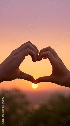 A romantic gesture: A hand-shaped heart framing the beauty of the setting sun, symbolizing love and connection, as two hands come together at sunset.