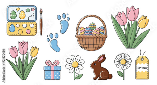 A vibrant collection of Easter and spring-themed items, including painted eggs, tulips, a chocolate bunny, and baby footprints.