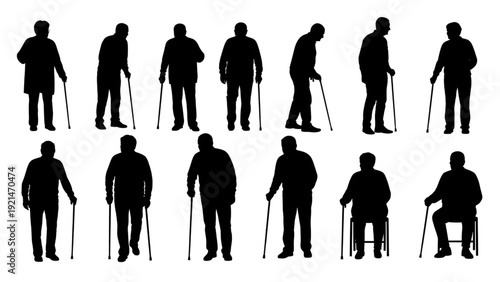 Elderly People with Walking Sticks and Seated Poses Elevation Black Silhouettes Vector Collection