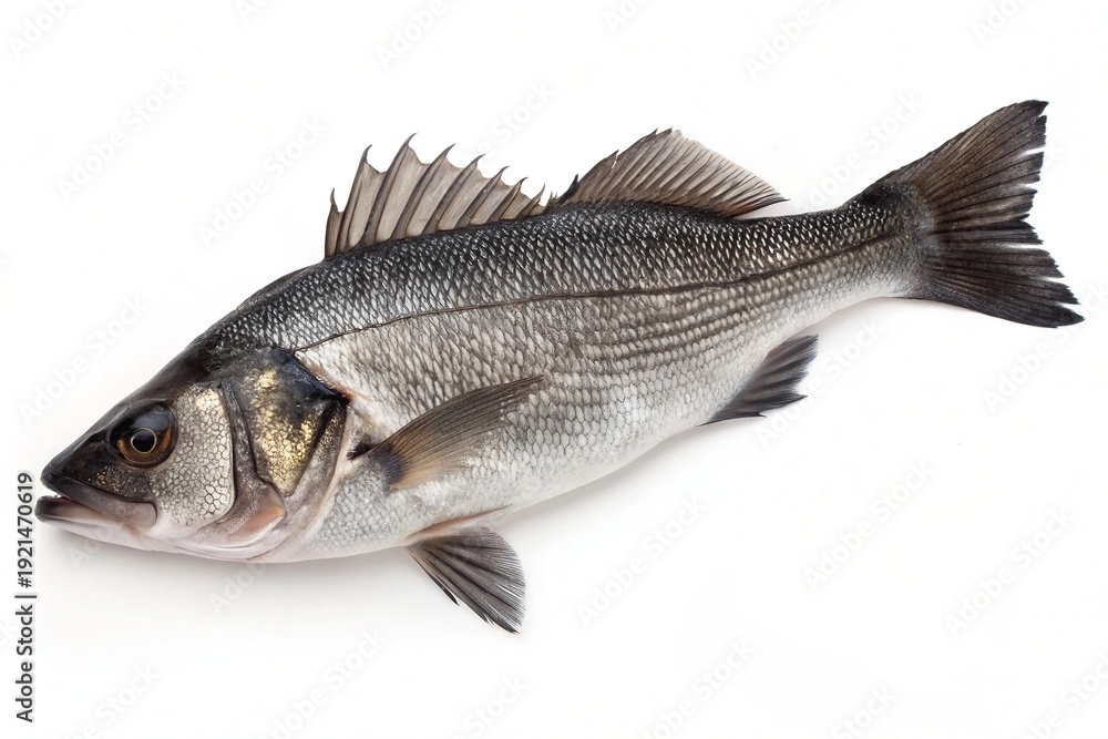 Fototapeta premium Freshly caught sea bass displayed against a plain background.