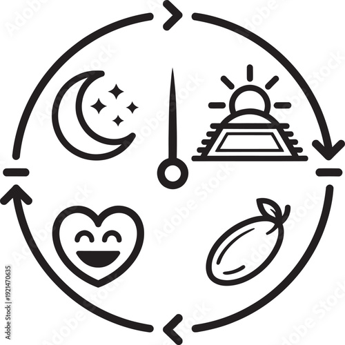 Healthy lifestyle cycle icon with moon sun heart and fruit for wellness apps nutrition and morning routine.