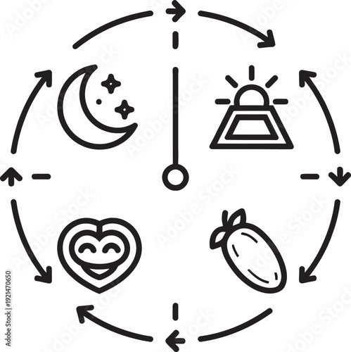 Circadian rhythm clock icons with sun moon heart and seed minimalist line art for wellness and lifestyle.