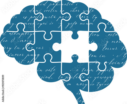 Human brain jigsaw puzzle with missing center piece and script text for mental health and memory loss awareness.