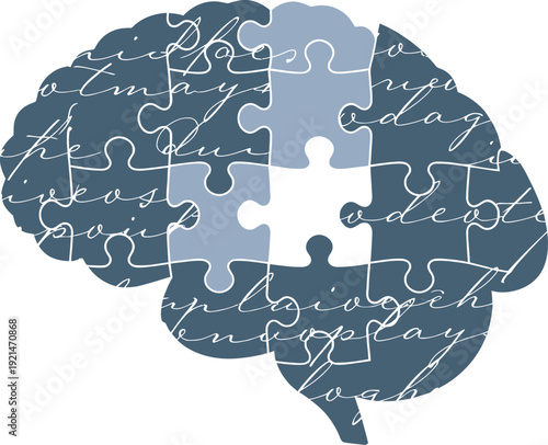 Human brain jigsaw puzzle concept with script text for psychology therapy mental health and neurology themes.