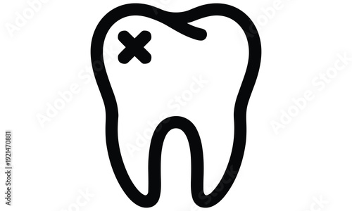Tooth with a cavity marked by an x symbolizing dental health issues in a simple vector graphic design