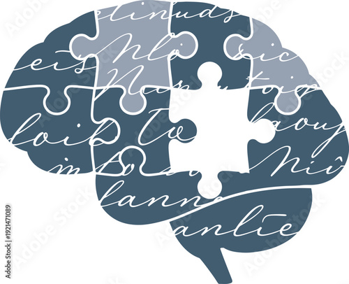 Human brain jigsaw puzzle graphic with missing piece for memory loss awareness and psychology education themes.