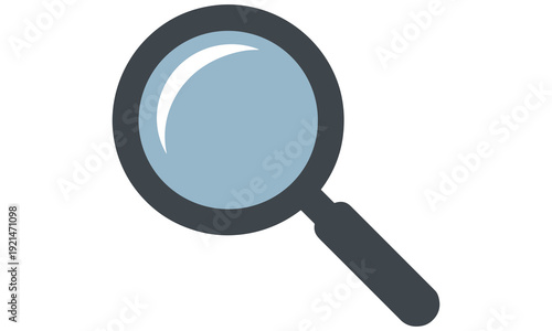 Simple vector graphic illustration of a magnifying glass with a dark grey frame and handle on a white background