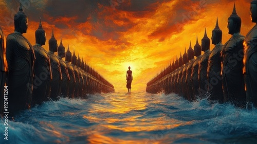 solitary monk walking through water toward blazing sunrise between endless rows of standing sacred statues, dramatic fiery sky and reflective waves, serene and awe-filled