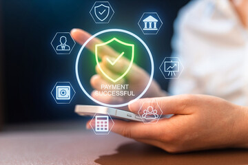 Successful payment process on mobile device with financial icons displayed on screen