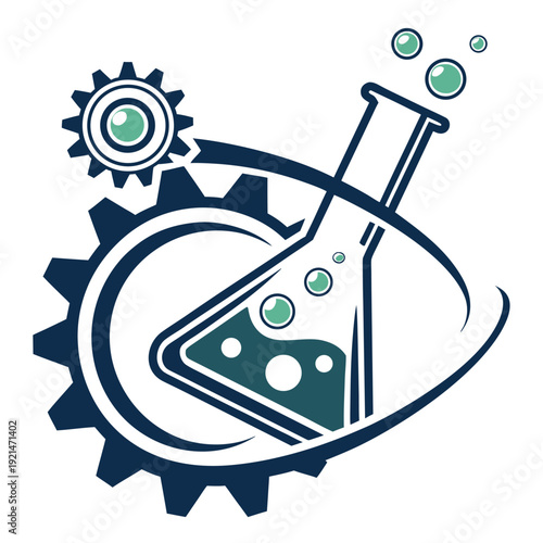 logo of a laboratory flask with liquid shape inside, clean geometric line art, science and research branding style