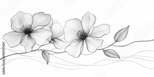 three delicate line-drawn flowers with flowing stems and leaves on a minimalist white background evoking serene graceful elegance