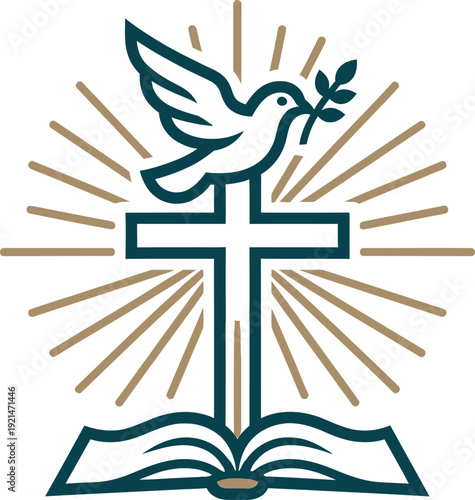 Dove with olive branch cross and open bible vector logo for church branding religious events and faith stationery.
