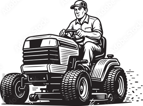 A man rides a lawn mower through a yard