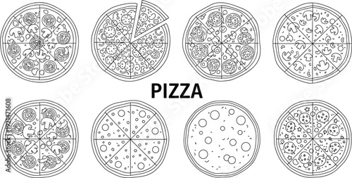 Hand Drawn Pizza Vector Set with Various Toppings and Sliced Whole Pies Outline Collection for Menu, Food Packaging and Restaurant Design