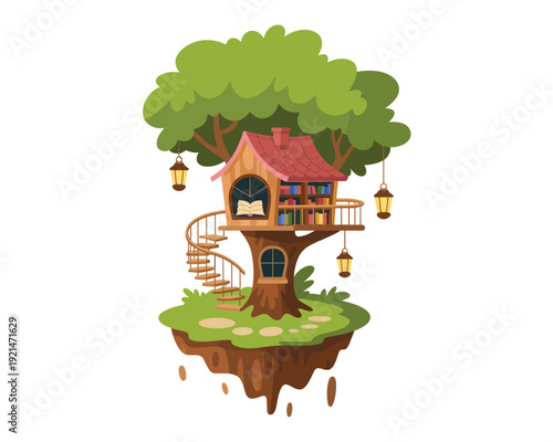 Whimsical treehouse illustration with fairy lights and playful elements