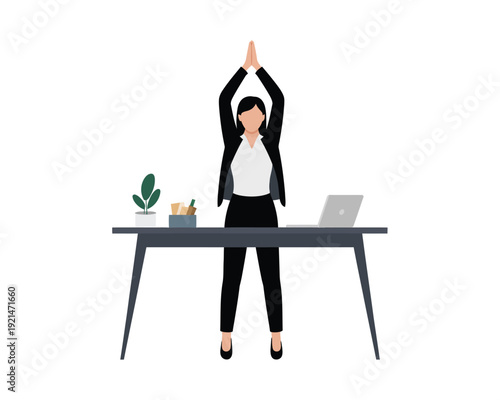 Professional woman stretching at workstation - minimalist office break vector
