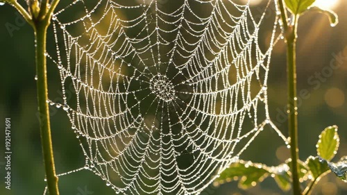 A beautiful spider web with morning dew drops in the sunlight, natures art.