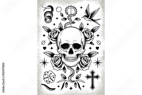 Vintage gothic skull and occult symbols vector illustration