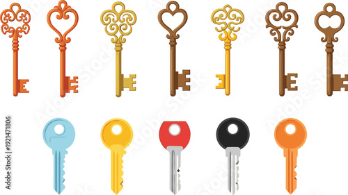 Vintage Ornamental Keys and Modern House Keys Vector Set Isolated Collection for Security, Access, and Locksmith Design Elements