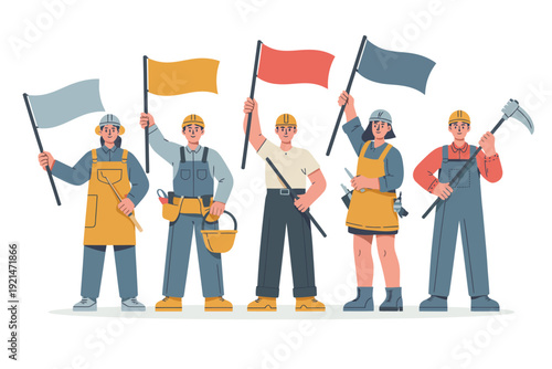 Diverse team celebrating success with flags in unity workwear style