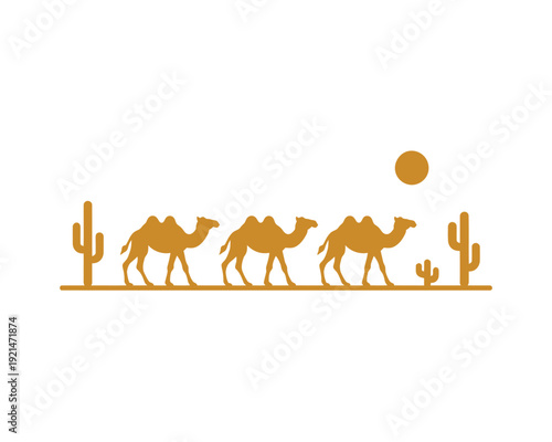 Minimalist desert caravan with camels and cacti silhouette