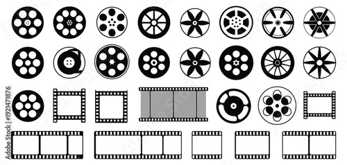 Film reel icons vector set of film strip and cinema symbols, representing videography, photography