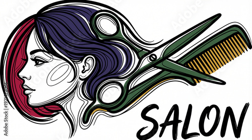 Elegant Salon Logo Design Featuring a Womans Profile, Scissors, and Comb.