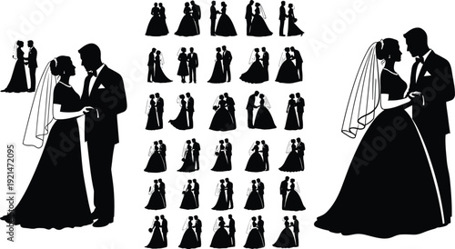 Bride and groom silhouette collection with wedding poses, romantic couple illustration, ceremony love concept, decorative design, flat vector illustration