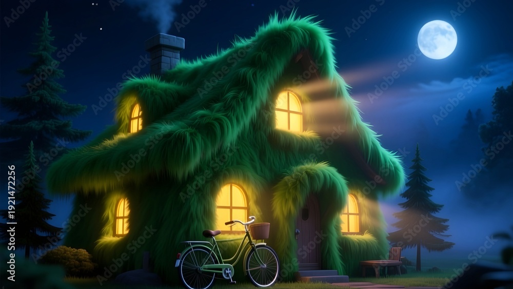 Obraz premium A Green Furry Eco-Friendly Fantasy Cottage with Bikes on a Bright Night