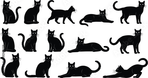 Cat silhouettes collection, feline poses vector illustration, sitting walking stretching lying artwork design for pet lovers - flat vector illustration