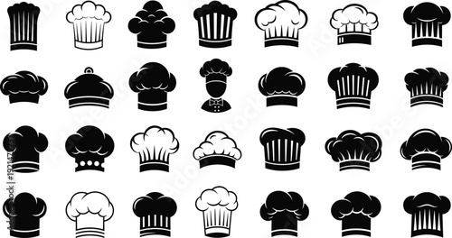 Chef hat icons collection, culinary toque silhouettes vector, cooking symbol illustration set, kitchen design artwork for food branding - flat vector illustration