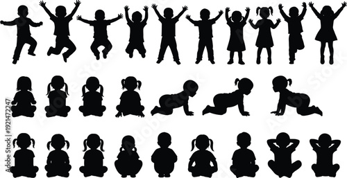Children silhouettes, playful poses, sitting, crawling, jumping, developmental stages, boys and girls, childhood activity, expressive figures - flat vector illustration