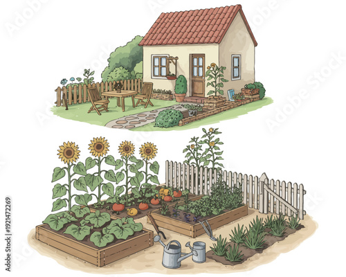 Charming cottage garden with vegetables and flowers - rustic home and garden vector illustration