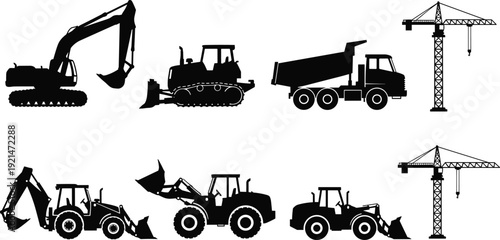 Construction vehicle silhouettes, excavator, bulldozer, dump truck, tower crane, backhoe loader, front loader, tractor, heavy machinery icons - flat vector illustration