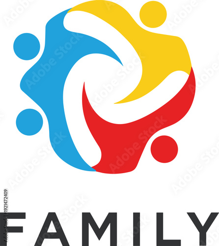 Family logo design, unity concept, teamwork, support, diversity, abstract people figures, community connection, togetherness symbol, colorful human shapes - flat vector illustration