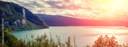 Panel kuchenny z motywem View at fjord at sunset light. Scandinavian landscape. Nature of Norway