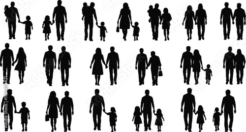 Family silhouettes, diverse parenting scenes, walking together, holding hands, carrying children, single parents, couples, modern family structures - flat vector illustration
