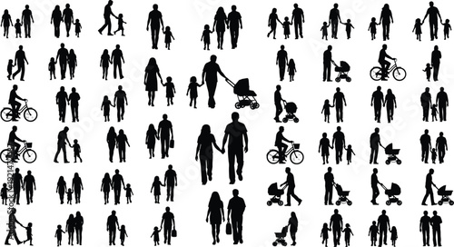 Family silhouettes, parenting scenes, walking children, couples holding hands, stroller pushing, cycling together, everyday family life, companionship theme - flat vector illustration