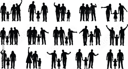 Family silhouette collection with diverse groupings of parents and children, unity togetherness concept, lifestyle design, flat vector illustration