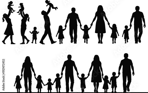 Family silhouette collection with parents and children holding hands, unity togetherness concept, caregiving lifestyle design, flat vector illustration
