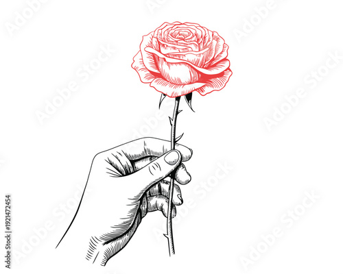 Elegant hand-drawn pink rose held by hand - minimalist vector illustration