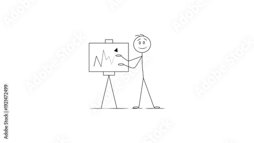Stick Figure Giving Presentation | Business Meeting Line Drawing Illustration ,Stick Man Presenting Chart | Minimal Line Art Business Presentation Concept ,Presenter Stick Figure Vector